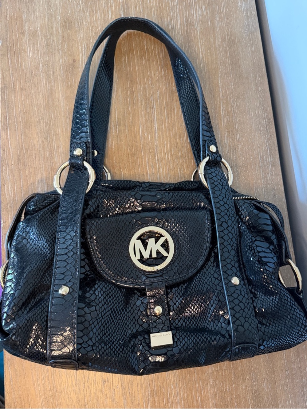 Michael Kors Black Snake-Embossed Shoulder Bag with Gold Hardware